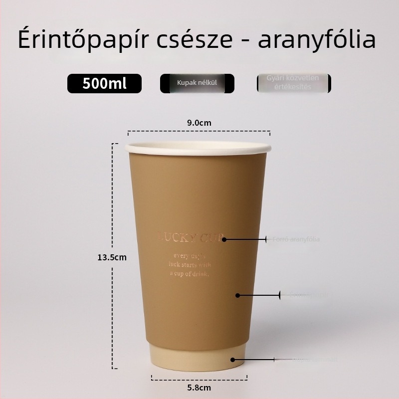 Egyszer használatos kávés pohár fedővel, arany nyomtatással a vastag papíron, 400 ml forró italokhoz