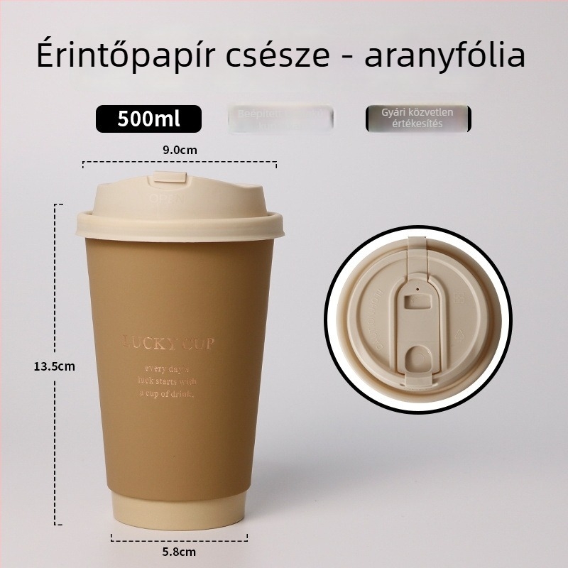 Egyszer használatos kávés pohár fedővel, arany nyomtatással a vastag papíron, 400 ml forró italokhoz
