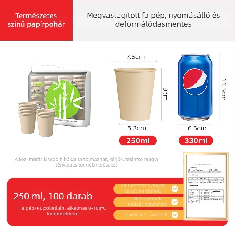 Eldobható vastagított papír pohár, otthoni és irodai használatra, forró és hideg italokhoz, tej-tea pohár, 250 ml, 100 darab