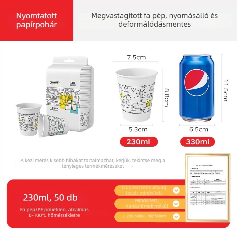 Eldobható vastagított papír pohár, otthoni és irodai használatra, forró és hideg italokhoz, tej-tea pohár, 250 ml, 100 darab