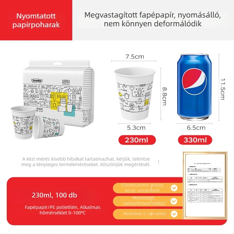 Eldobható vastagított papír pohár, otthoni és irodai használatra, forró és hideg italokhoz, tej-tea pohár, 250 ml, 100 darab