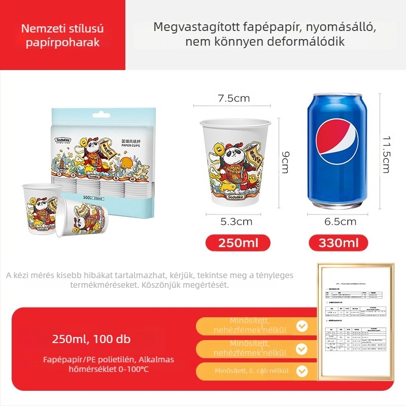 Eldobható vastagított papír pohár, otthoni és irodai használatra, forró és hideg italokhoz, tej-tea pohár, 250 ml, 100 darab