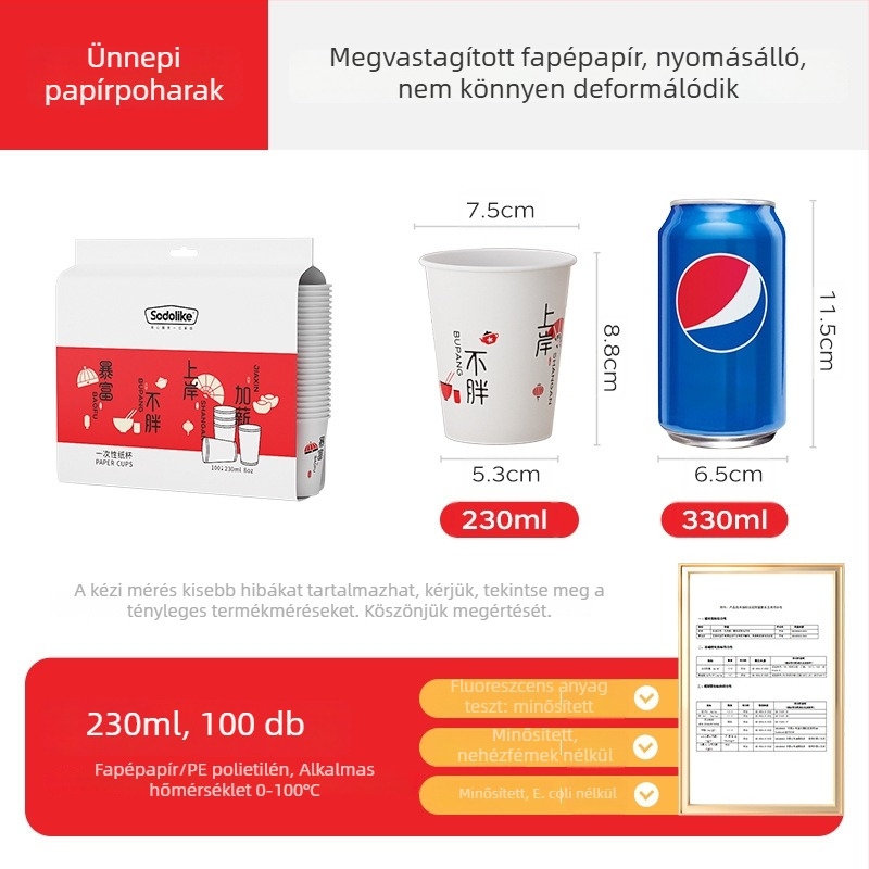 Eldobható vastagított papír pohár, otthoni és irodai használatra, forró és hideg italokhoz, tej-tea pohár, 250 ml, 100 darab