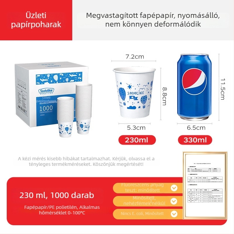 Eldobható vastagított papír pohár, otthoni és irodai használatra, forró és hideg italokhoz, tej-tea pohár, 250 ml, 100 darab