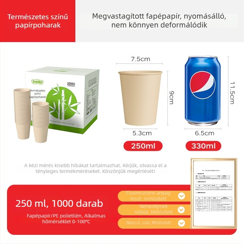 Eldobható vastagított papír pohár, otthoni és irodai használatra, forró és hideg italokhoz, tej-tea pohár, 250 ml, 100 darab