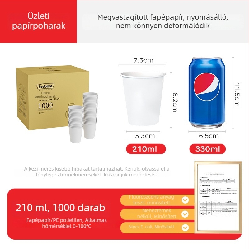 Eldobható vastagított papír pohár, otthoni és irodai használatra, forró és hideg italokhoz, tej-tea pohár, 250 ml, 100 darab
