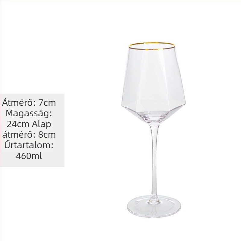 Kristályból készült borospohár hatszögletű gyémánt mintával, arany díszítéssel, átlátszó, 301–400 ml, modern minimalista stílus