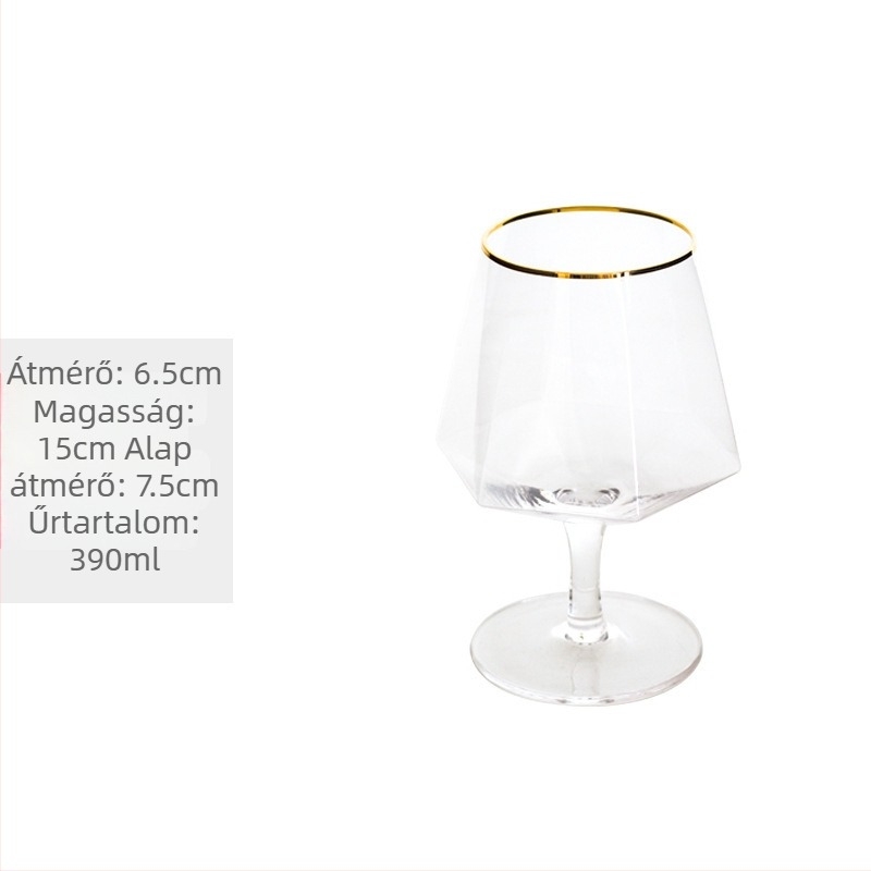 Kristályból készült borospohár hatszögletű gyémánt mintával, arany díszítéssel, átlátszó, 301–400 ml, modern minimalista stílus