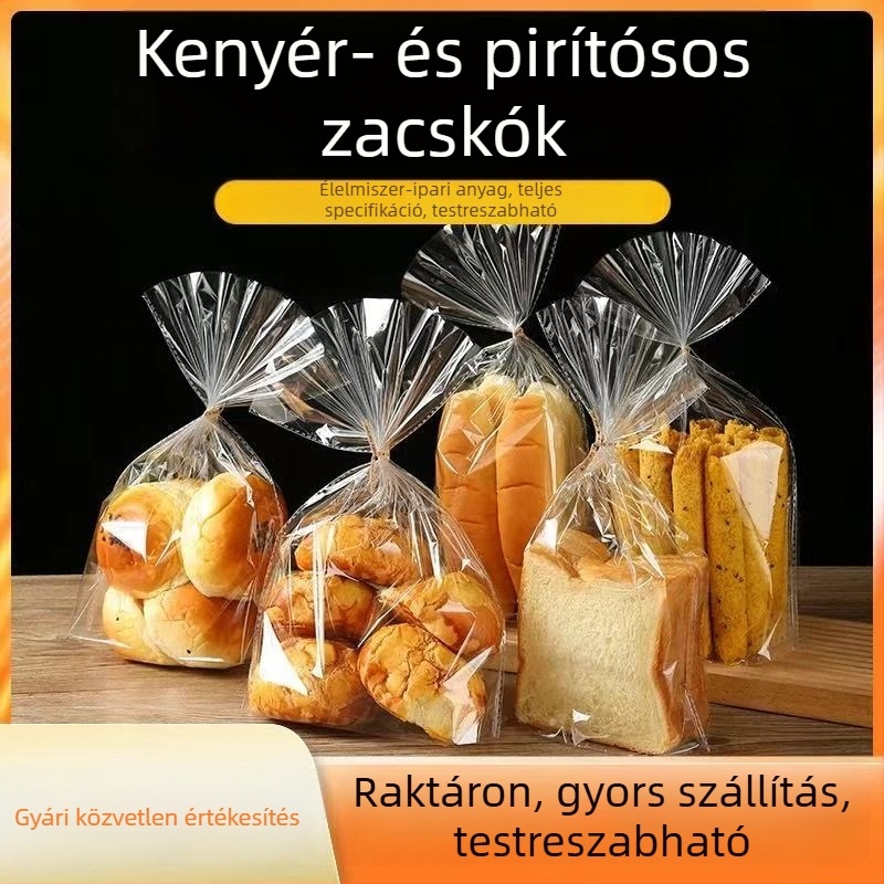 Átlátszó síknyílású csomagoló tasakok toasthoz, kenyérhez, süteményekhez és péksüteményekhez.