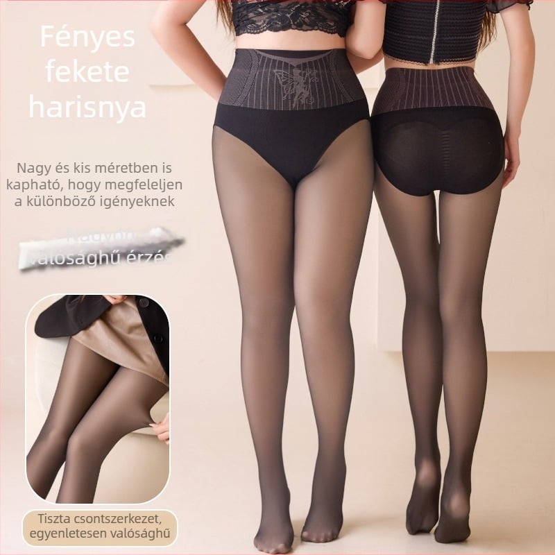 Nylon harisnyanadrág fleece béléssel, vastag és fényes, fekete, bőrhatású, magas derekú, ősz-télre.