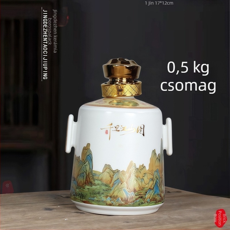 Kerámia üres borosüveg, motív ezer mérföldnyi folyó- és hegyvonulat, fehér porcelán, kis üveg