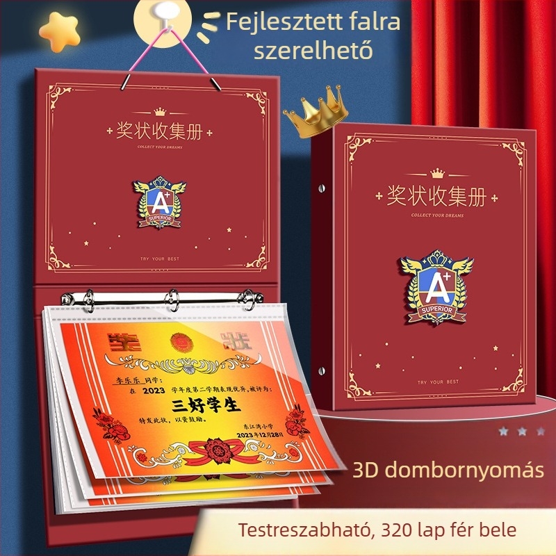 A4-es brit stílusú bizonyítványgyűjtemény fiúknak, név személyre szabható, általános iskola rajzalbum falra szerelhető
