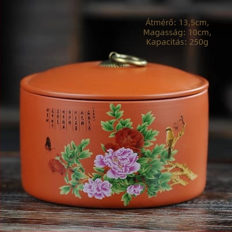 Közepes méretű kerámia Pu'er teás tároló, fekete, zöld és fehér teához, lilás színű agyagból
