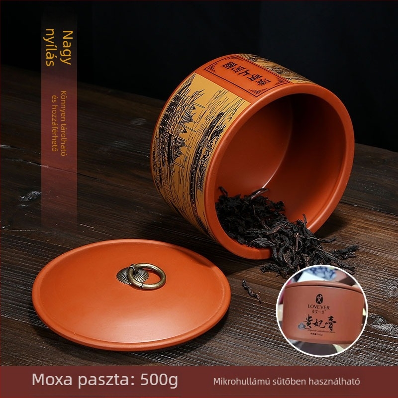 Közepes méretű kerámia Pu'er teás tároló, fekete, zöld és fehér teához, lilás színű agyagból