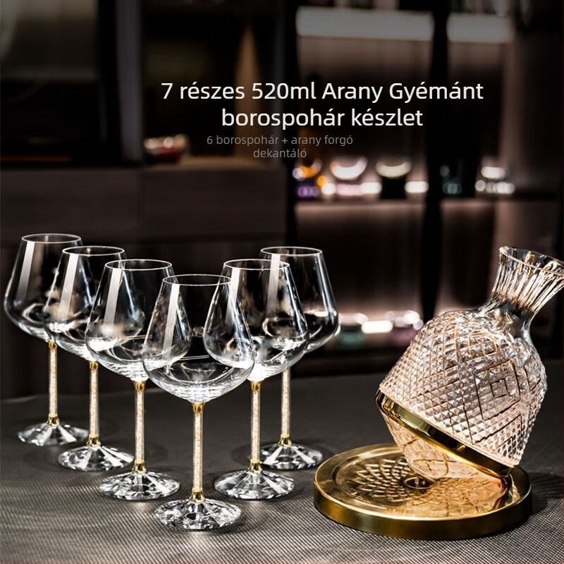 Burgundi vörösboros pohárkészlet bőrtokban forgó dekantőrrel és gyémántokkal díszített poharakkal