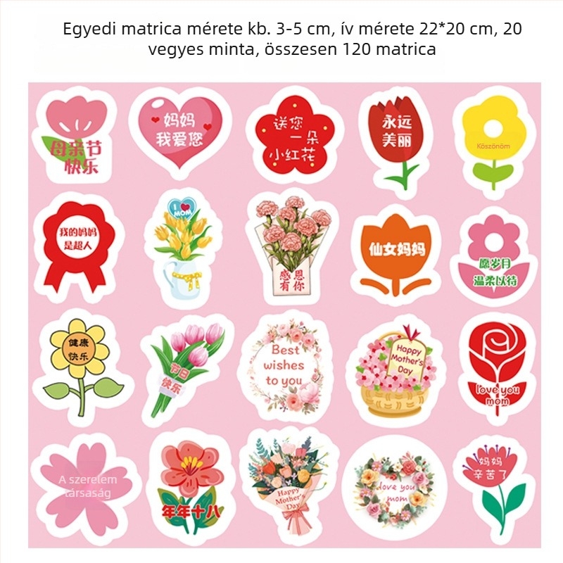 Anyák napjára szóló matricák – anya számára, dekoratív apró minták virágcsokorra, ajándék táskára és ajándékdobozra, öntapadós matricák