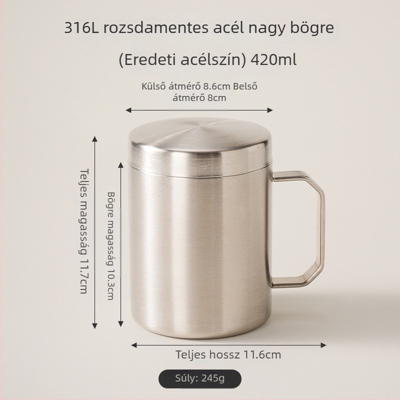 316L rozsdamentes acél bögre fedővel, otthoni és irodai használatra, hőszigetelt kávés bögre vastagabb aljjal