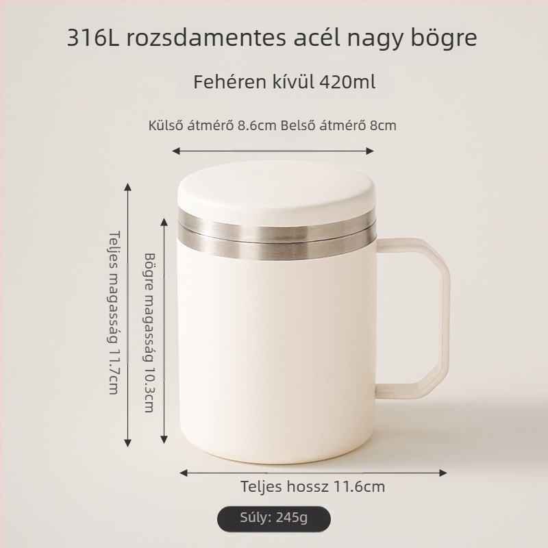 316L rozsdamentes acél bögre fedővel, otthoni és irodai használatra, hőszigetelt kávés bögre vastagabb aljjal