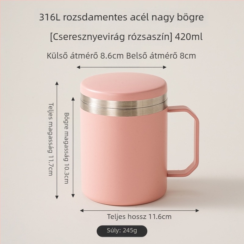 316L rozsdamentes acél bögre fedővel, otthoni és irodai használatra, hőszigetelt kávés bögre vastagabb aljjal