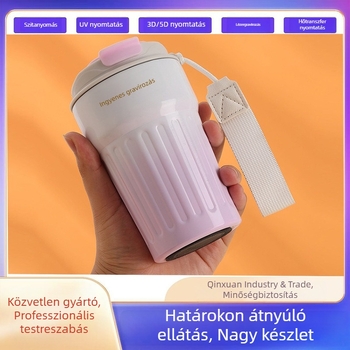 Vállpánttal ellátott hordozható termosz pohár rozsdamentes acélból, aranyos kivitelű kávés pohár