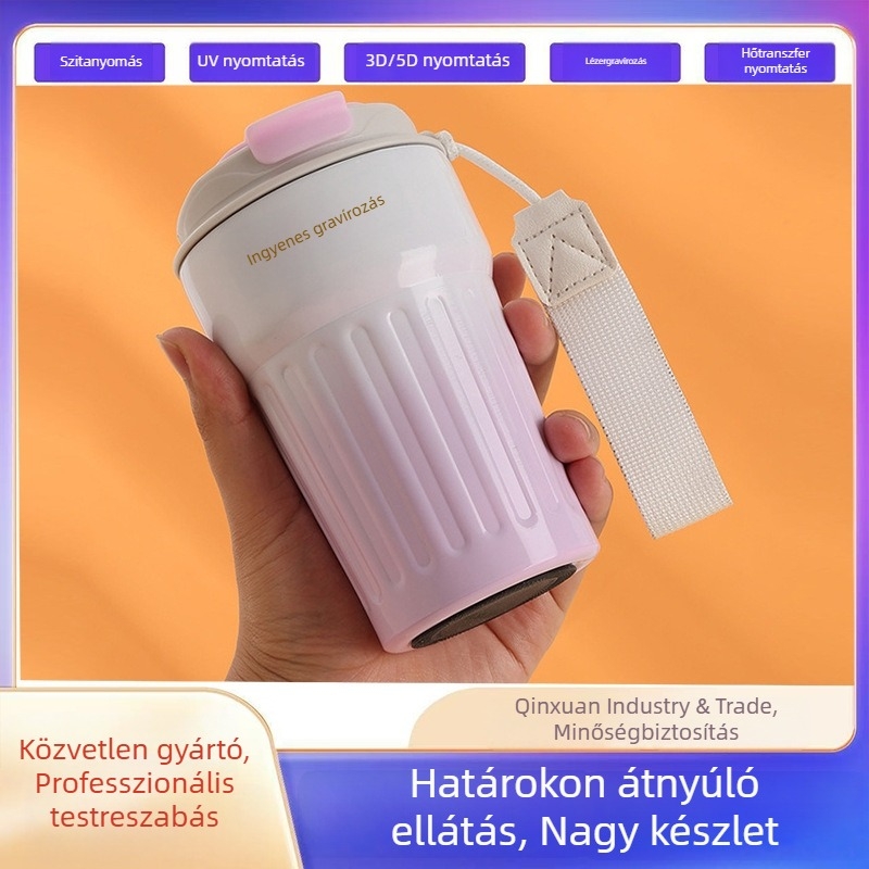 Vállpánttal ellátott hordozható termosz pohár rozsdamentes acélból, aranyos kivitelű kávés pohár