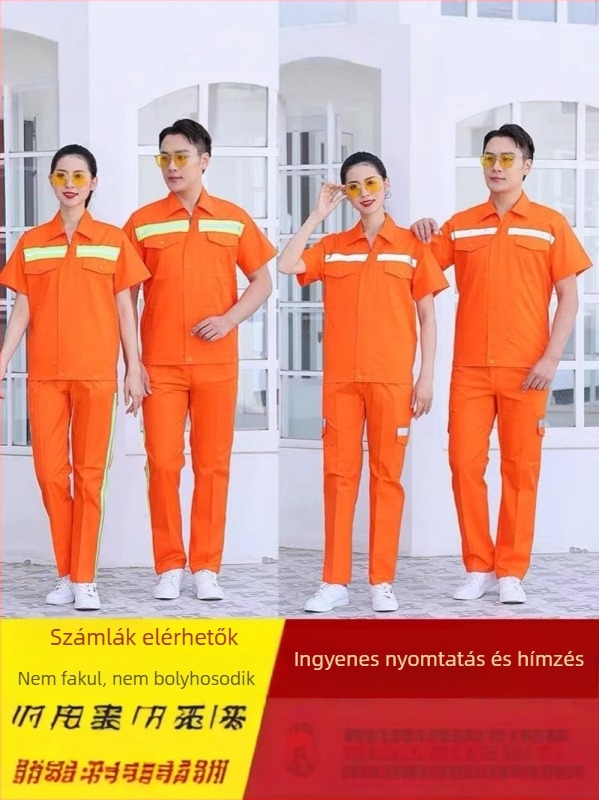 Férfiak számára készült közszolgálati és út menti munkaruha készlet, narancs színű, fényvisszaverő csíkokkal, közterületi építési és zöldfelületi karbantartáshoz.