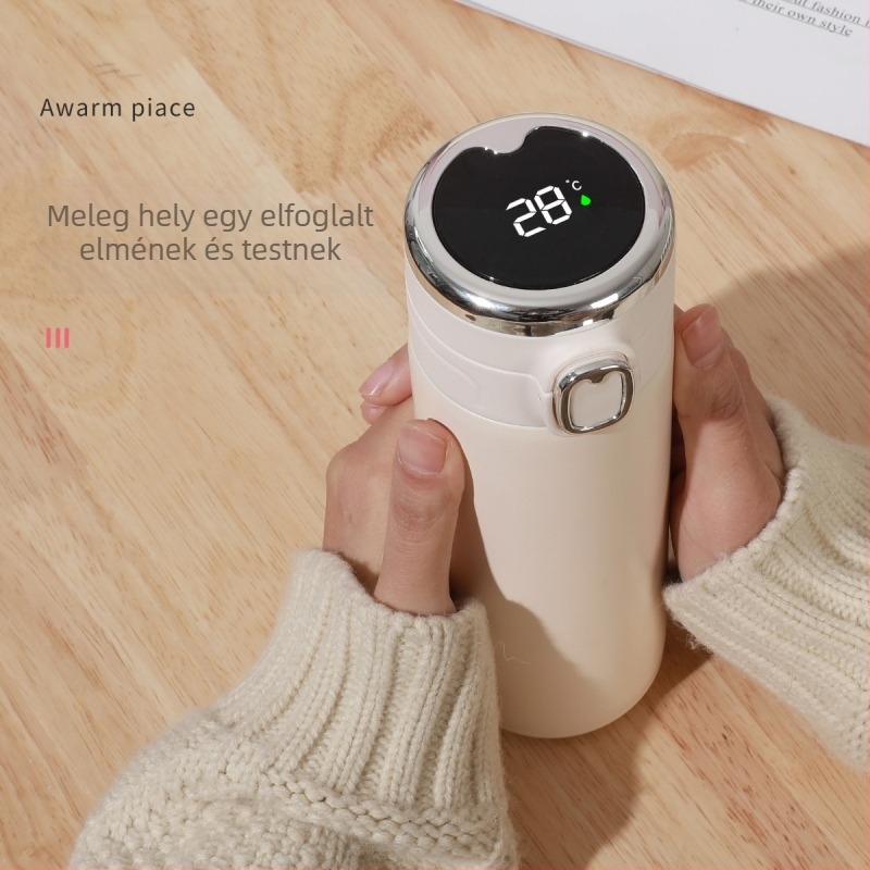 Okos rozsdamentes acél termosz pop-up fedéllel, cserélhető akkumulátorral és hőmérséklet-kijelzővel