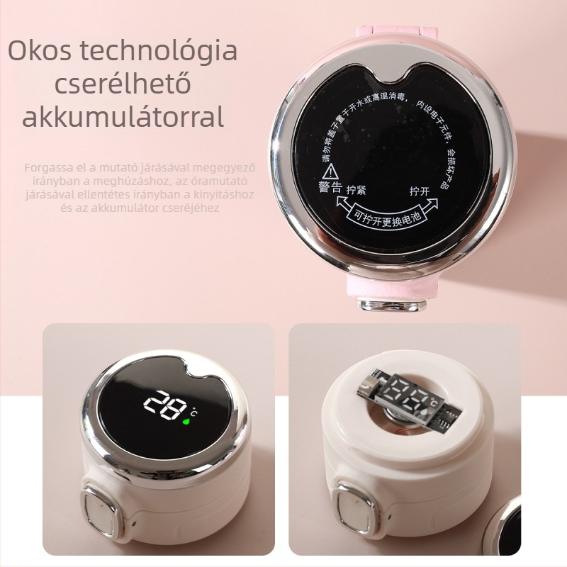 Okos rozsdamentes acél termosz pop-up fedéllel, cserélhető akkumulátorral és hőmérséklet-kijelzővel