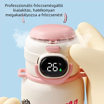 Gyerek termosz pohár fogantyúval, hőmérséklet-kijelző, rozsdamentes acél, szívószálas, fiúknak és lányoknak, díszdoboz 2025