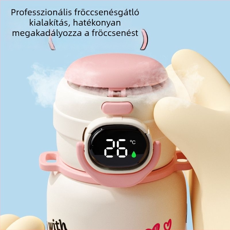 Gyerek termosz pohár fogantyúval, hőmérséklet-kijelző, rozsdamentes acél, szívószálas, fiúknak és lányoknak, díszdoboz 2025