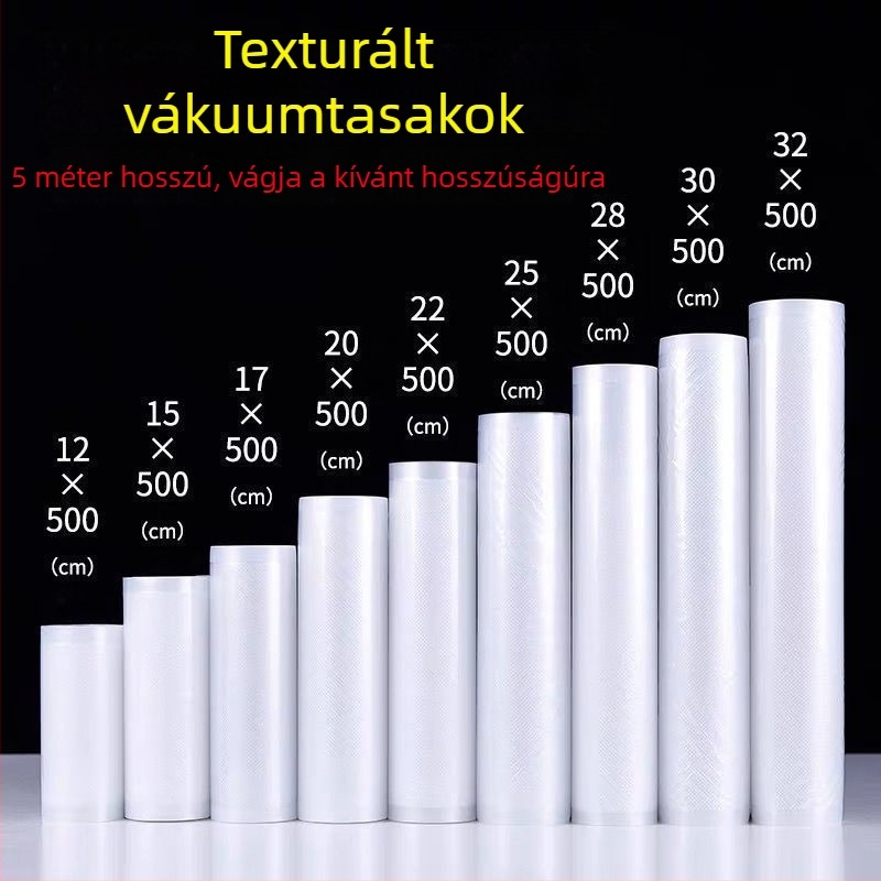 Vákuumos élelmiszer kolbász csomagoló taska texturált háló mintával, légkivezető tömítő tasak a frissesség megőrzéséért, háztartási tekercses taska