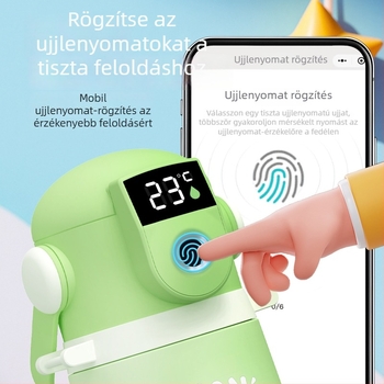 Gyerekeknek szánt termosz ujjlenyomat-zárral és hőmérséklet-kijelzővel