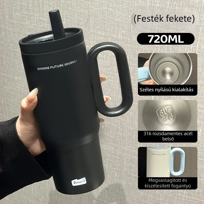 Uniszex termosz kávés pohár 316-os rozsdamentes acélból, nagy kapacitású, kültéri használatra, fedéllel és szívószállal