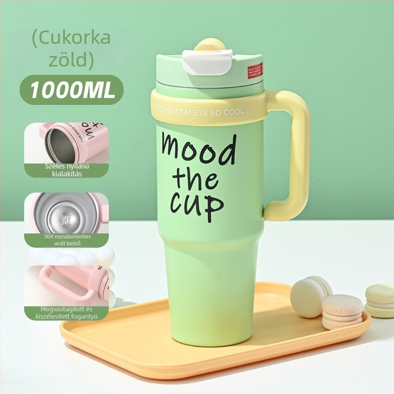 Uniszex termosz kávés pohár 316-os rozsdamentes acélból, nagy kapacitású, kültéri használatra, fedéllel és szívószállal