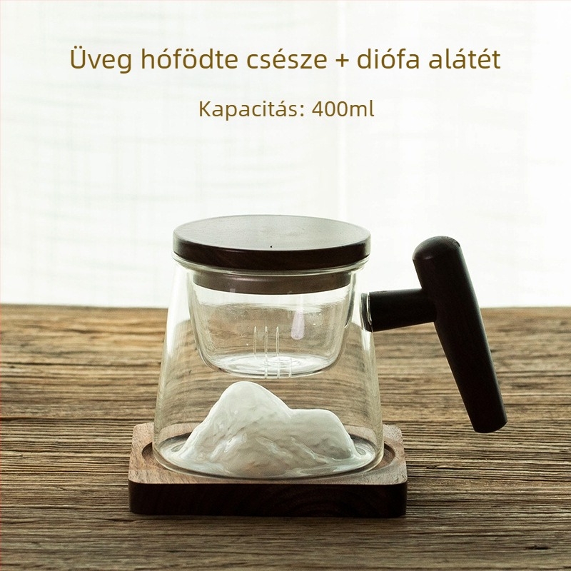 Kétszintes boroszilikát üveg teás pohár fedővel és szűrővel, tea és víz elválasztására, otthonra és irodába