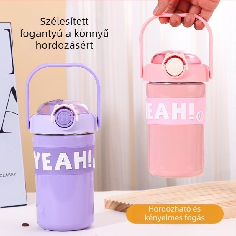 Új 316 rozsdamentes acél termosz pohár, nagy kapacitású, vákuum izolációval, fogantyúval és szívószállal, hordozható