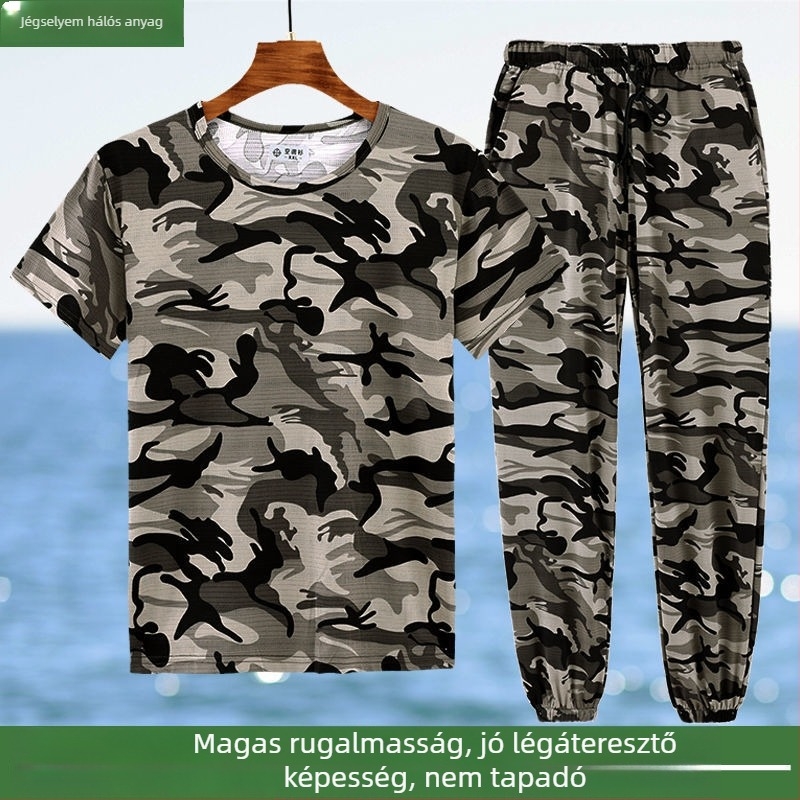 Nyári könnyű férfi kamuflázz szett, elasztikus kamuflázz nadrággal, mindennapi rövid ujjú munkaruha