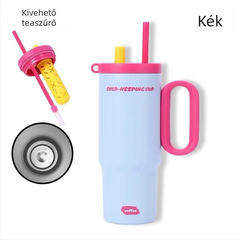 Stílusos 316-os rozsdamentes acélból készült szigetelt pohár, 25 oz-os nagy kapacitású termosz szívószállal, fogantyúval és tea rekeszével