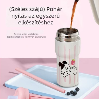 Rajzolt cicás termosz bögre, fogantyúval, hordozható kültéri használatra, nagy kapacitású