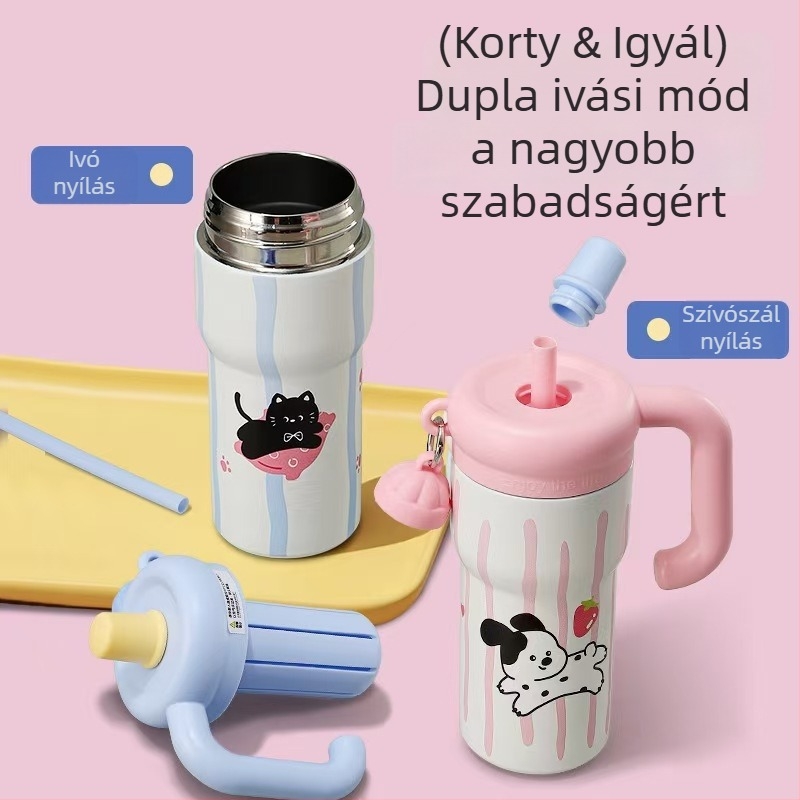 Rajzolt cicás termosz bögre, fogantyúval, hordozható kültéri használatra, nagy kapacitású