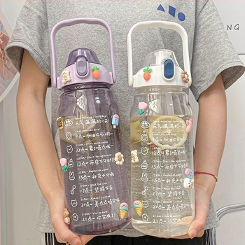 Nagy kapacitású szívószálas pohár, 2000 ml, nőies dizájn, tea–víz elválasztás, hőálló, mérőskálával
