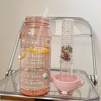 Nagy kapacitású szívószálas pohár, 2000 ml, nőies dizájn, tea–víz elválasztás, hőálló, mérőskálával