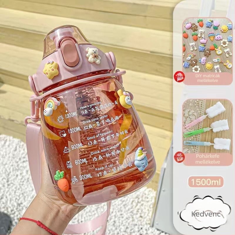 Nagy kapacitású szívószálas pohár, 2000 ml, nőies dizájn, tea–víz elválasztás, hőálló, mérőskálával