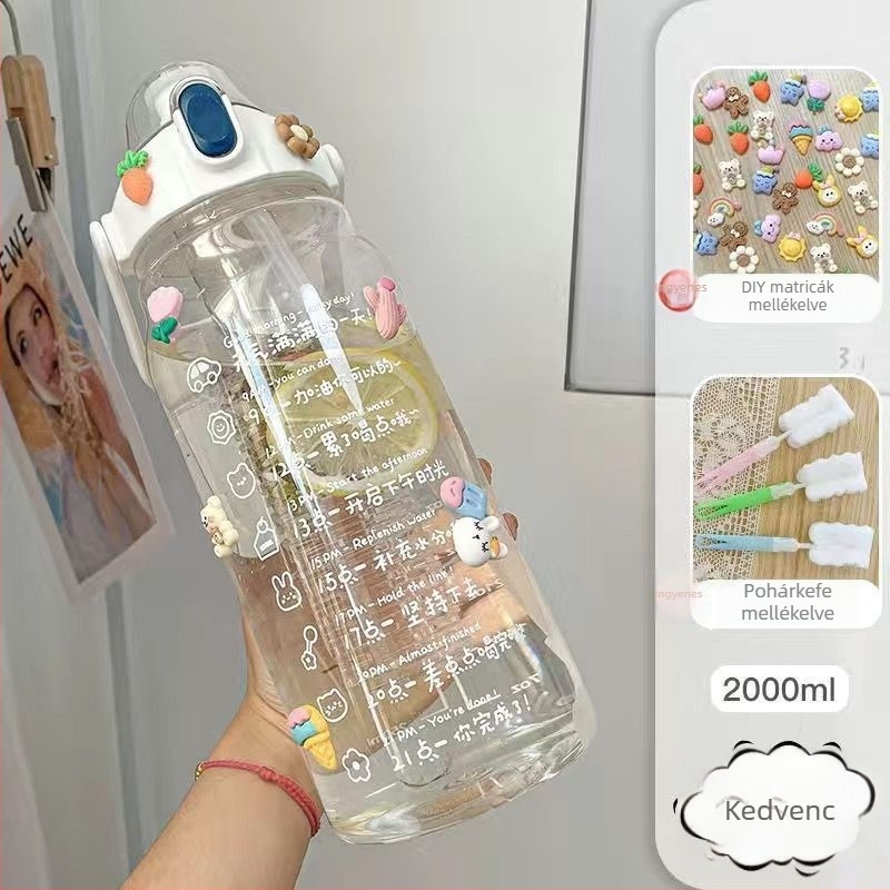 Nagy kapacitású szívószálas pohár, 2000 ml, nőies dizájn, tea–víz elválasztás, hőálló, mérőskálával