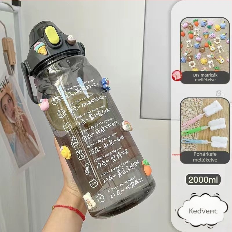 Nagy kapacitású szívószálas pohár, 2000 ml, nőies dizájn, tea–víz elválasztás, hőálló, mérőskálával