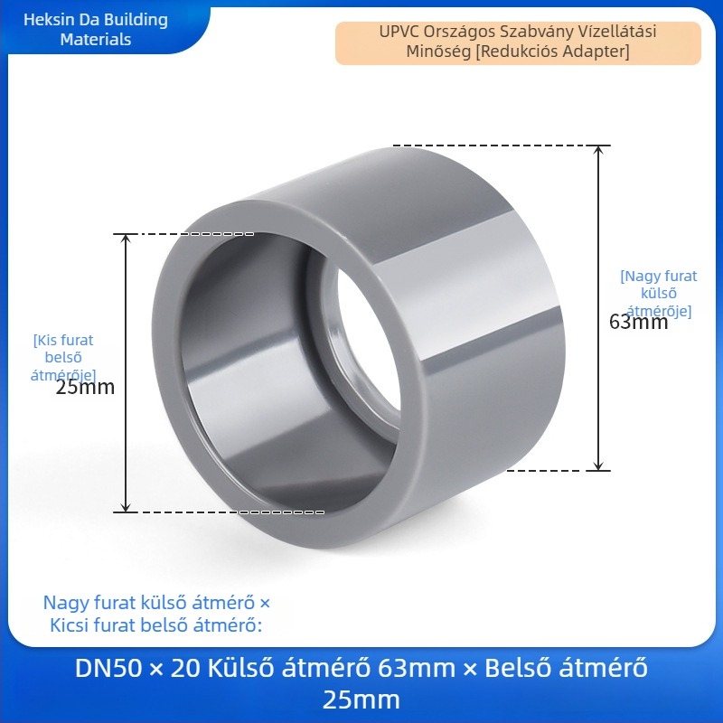 UPVC változó átmérőjű reduktor csatlakozó vízellátáshoz, világosszürke, töltőmaggal, sav- és alkáliálló, 25×20 mm