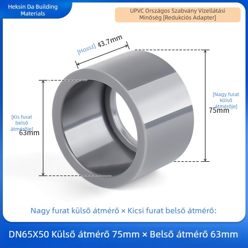 UPVC változó átmérőjű reduktor csatlakozó vízellátáshoz, világosszürke, töltőmaggal, sav- és alkáliálló, 25×20 mm