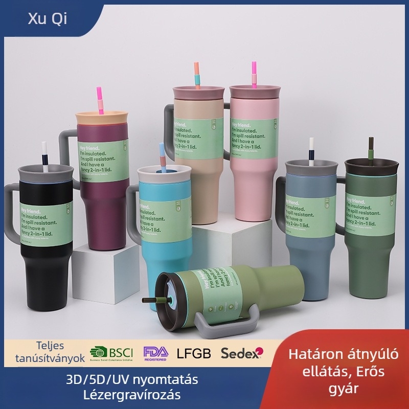 Ovalla-ihletésű, nagy kapacitású autós termosz pohár, 40 oz, szívószál és fogantyú