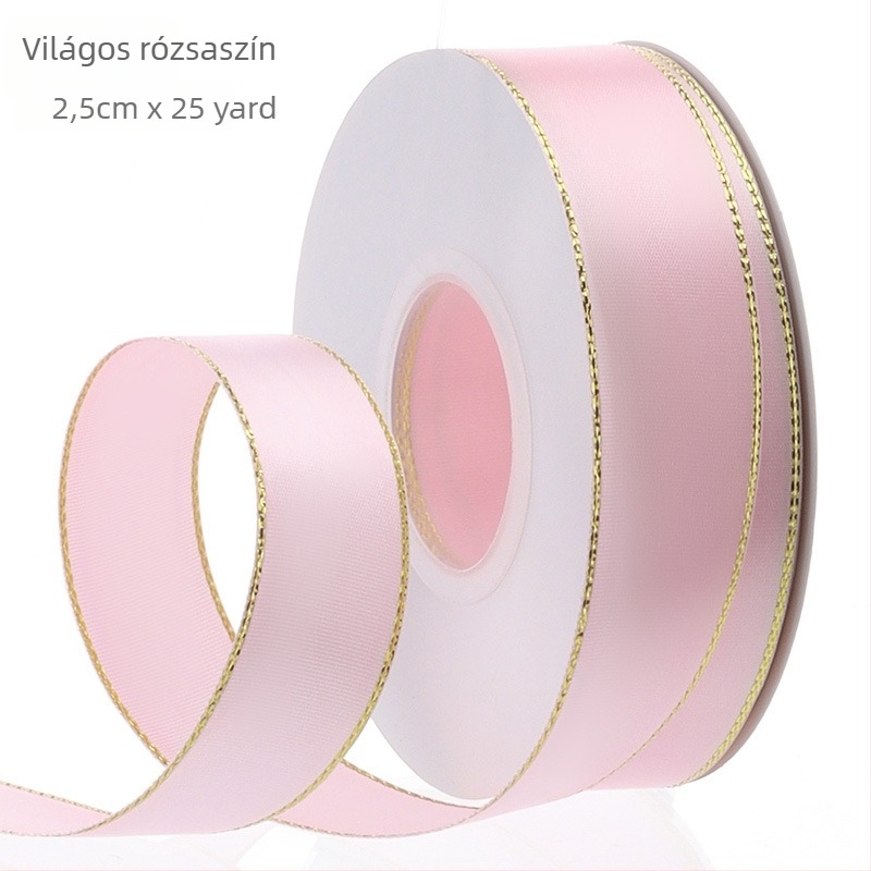 2,5 cm széles aranyszegélyes szatén szalag virágcsokrok csomagolásához – prémium csomagoló szalag virágokhoz, ajándékokhoz és dekorációkhoz