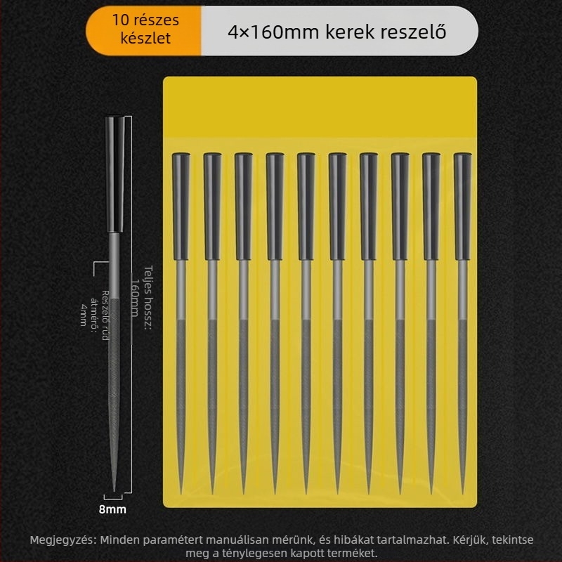 Különféle reszelőket tartalmazó készlet formázáshoz és polírozáshoz: kis sík, félkör és háromszög profilú eszközök fa- és fémmunkákhoz